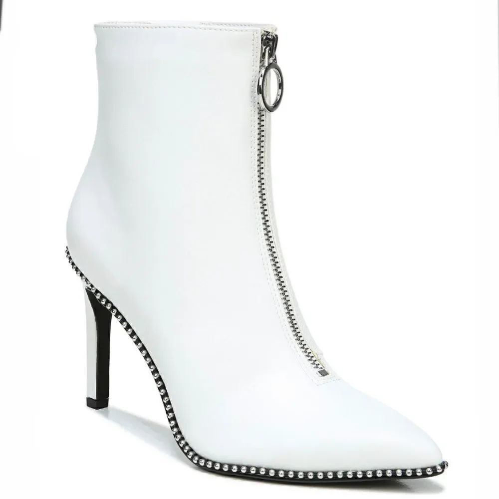 NWT BAR III Sz 5 Briget White Pu Leather High Heel Front Zip Ankle Boots Booties